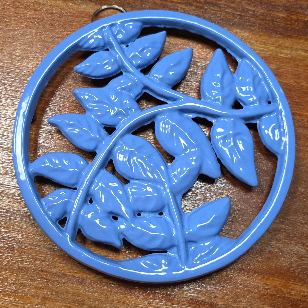 Lorena Garcia Enamel Cast Iron Trivet Blue Wall Decor Round 8" Botanical Cottage